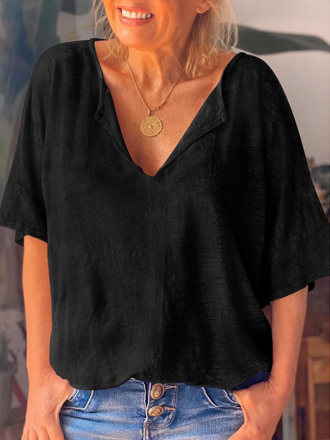 Women's Solid V-neck Cotton Linen Short Sleeve T-shirt