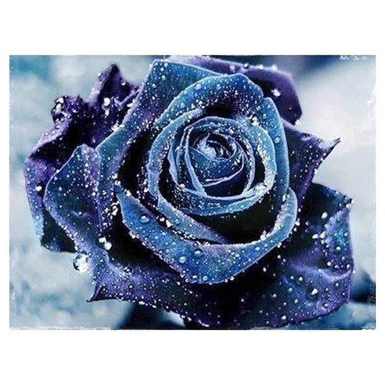 Rose bleue - Diamant rond partiel - 25x20cm