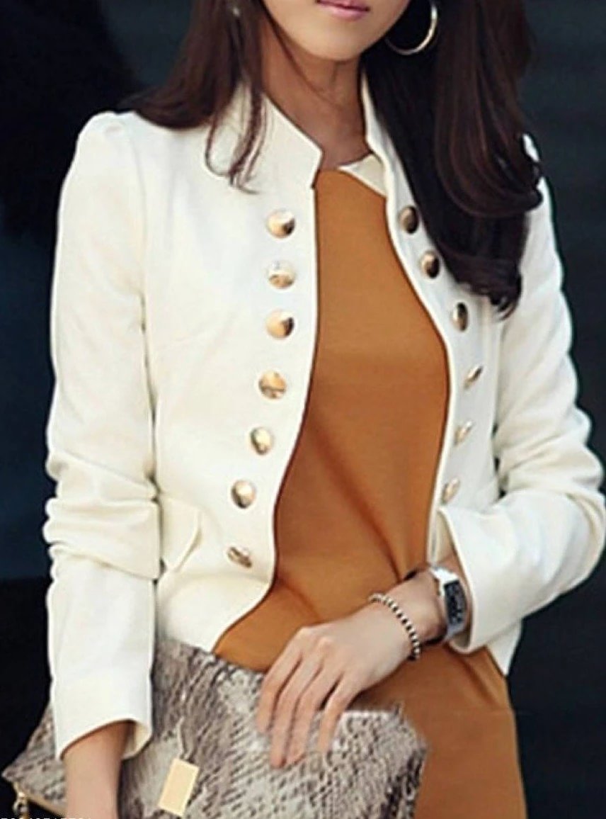 Ladylike Double Breasted Band Collar Blended Plain Blazer-Corachic