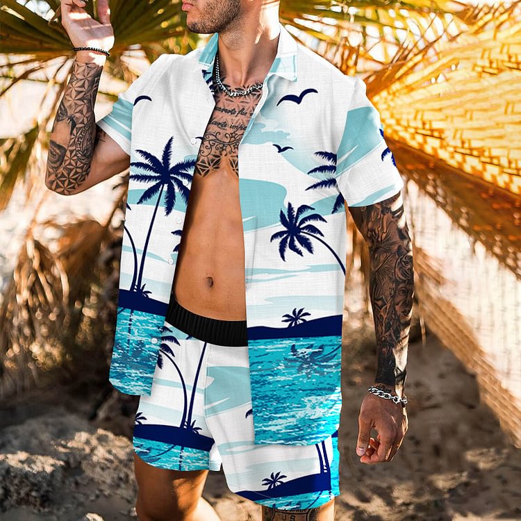BrosWear Beach Style Loose Coconut Print Short Sleeve Shirt and Swim Shorts Set light blue	