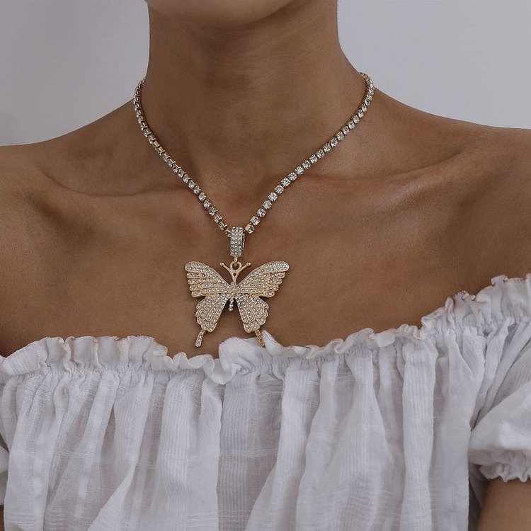 Ice Gold Rhinestone Butterfly Necklace