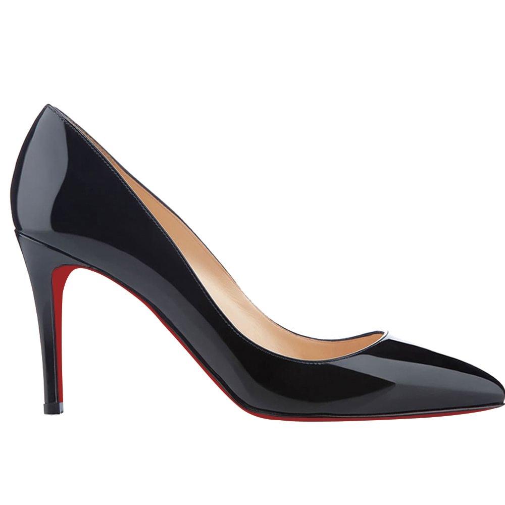 90mm Middle Heels Pointy Toe Pumps Black Patent-vocosishoes