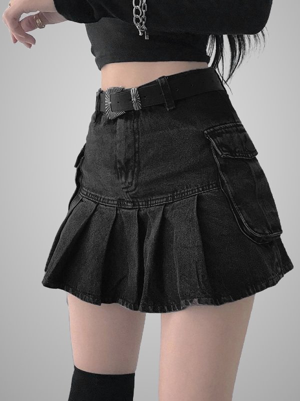 Pleated Side Pockets Denim Jeans Skirts