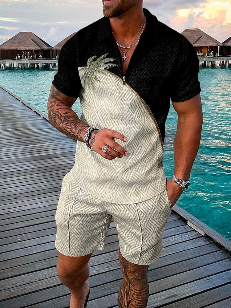 Men's Fashion Textured Coconut Tree Print Polo Suit