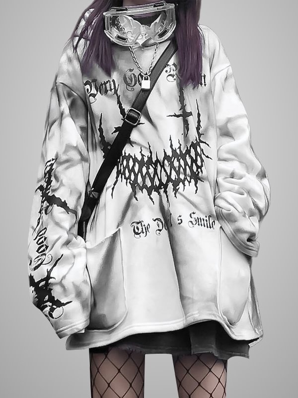 Gothic Dark Statement Evil Smile Printed Tie-dyed Pockets Decorated Pullover Long Sleeve Hoodie