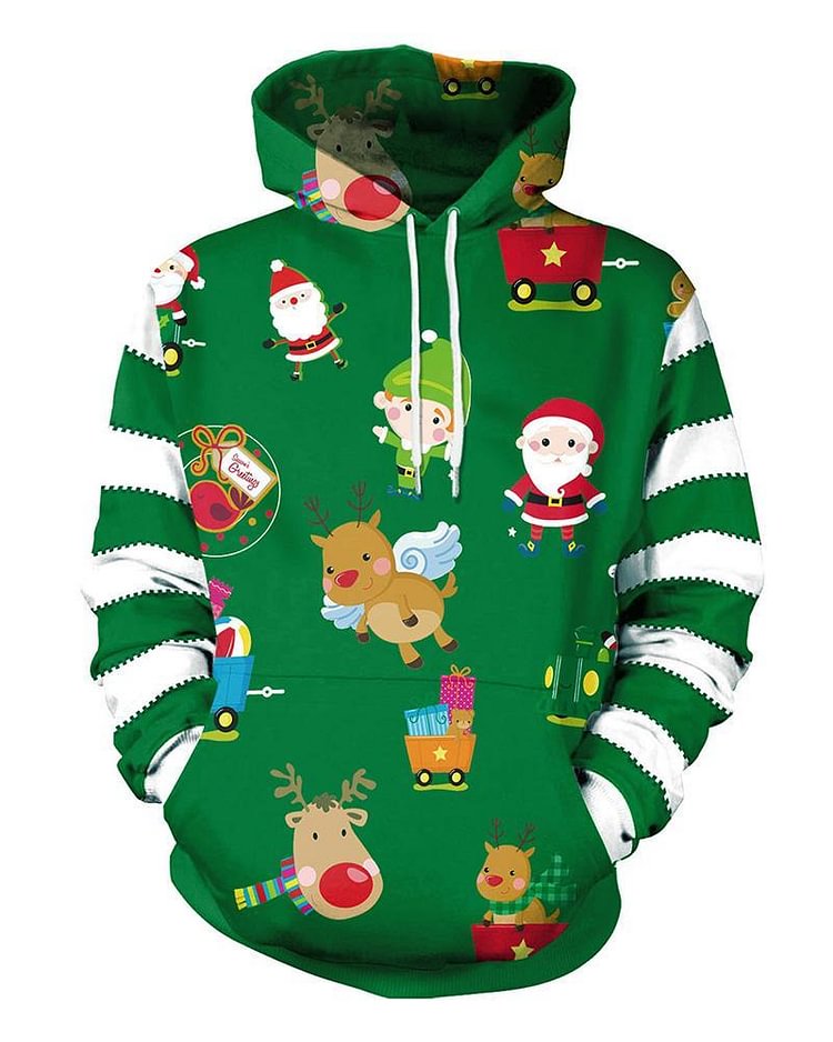 Mayoulove Santa Claus Elf And Reindeer Rudolf Print Green Pullover Unisex Hoodie-Mayoulove