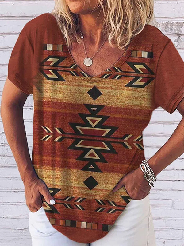 Western ethnic v-neck geometry graphic tees