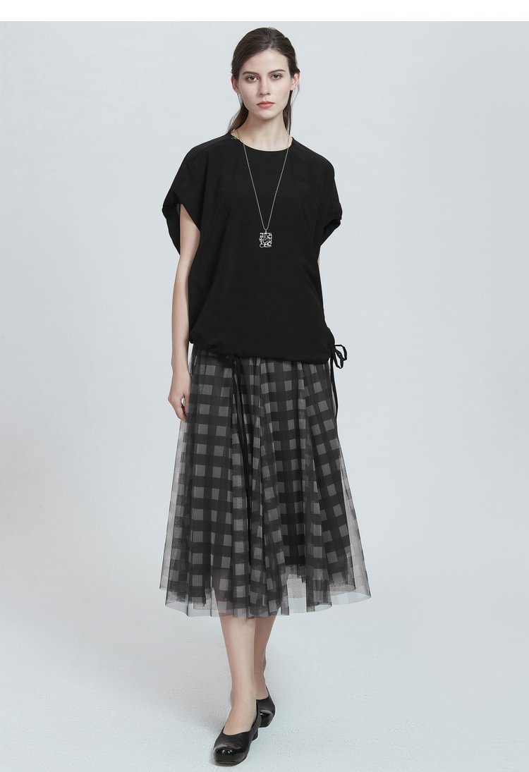 SDEER Round neck pleated lace up shirt