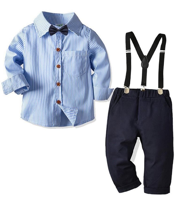 Blue Stripe Cotton Bow Tie Shirt And Suspender Pants Boys Outfit Set-Mayoulove