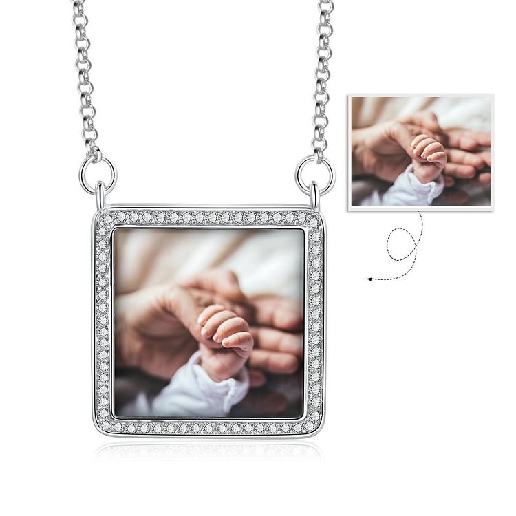 Picture Engraved Necklace Rhinestone Crystal Square Shape Unique Necklace, vCustom Necklace with Picture and Text