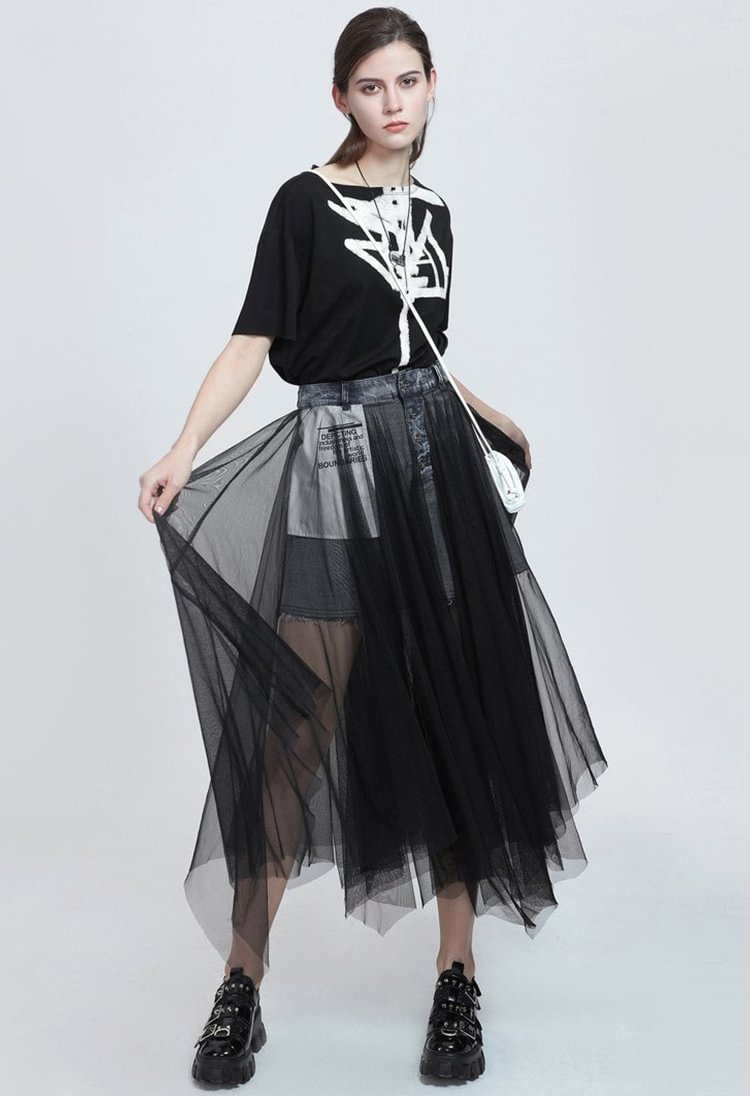SDEER Personalized letter denim stitched mesh skirt