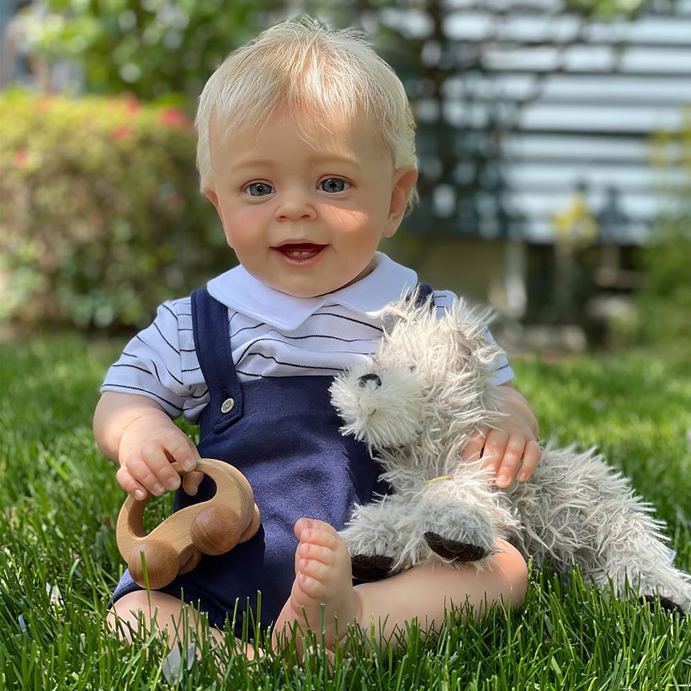 [This Is Lovely Baby] 20" Blonde Hair Cloth Body Weighted Simulation Reborn Toddler Doll Boy With Two Teeth Named Darky