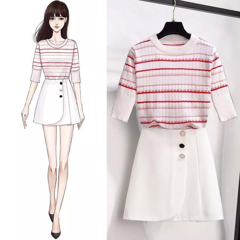 Stripe Knit Tee+button Skirt P15525