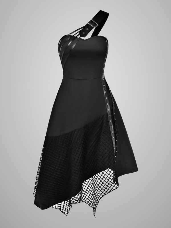 Goth Vintage Paneled One Shoulder Buckle Back Lace Up Asymmetrical Dress