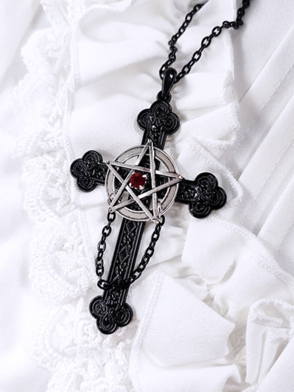 Goth Punk Cross Star Chain-trimmed Necklace