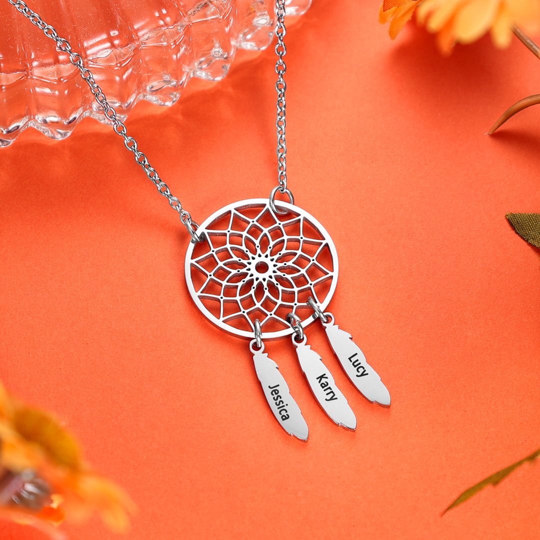 Personalized Retro Dream Catcher Necklace Engraved 3 Names Gift For Women