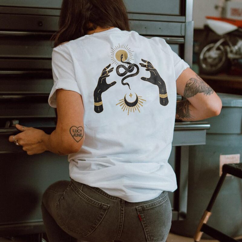 Snake sun moon print t-shirt designer - Krazyskull