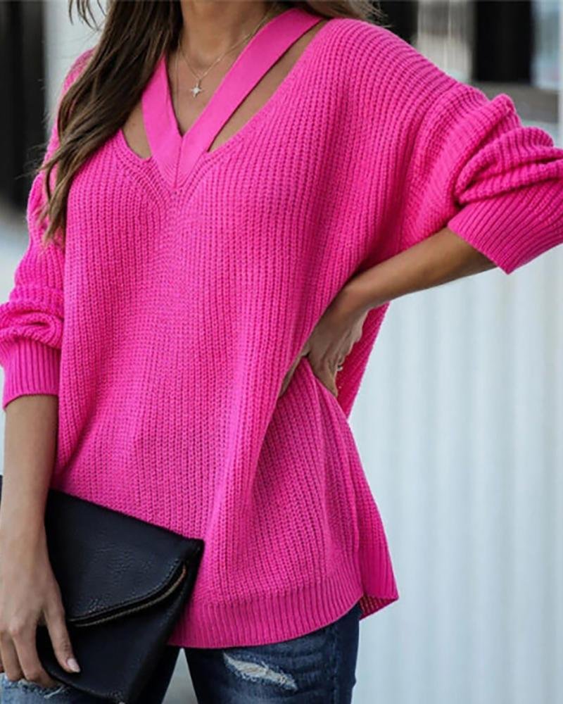 Solid Cutout Knit Long Sleeve Sweater P15125