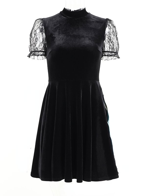 Velvet Lace Paneled Stand Collar Tight Waist Dress