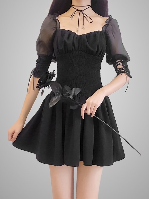 French Style Vintage Elegant Solid Black Mesh Lace-up Gathered Off Shoulder Balloon Sleeve Dress