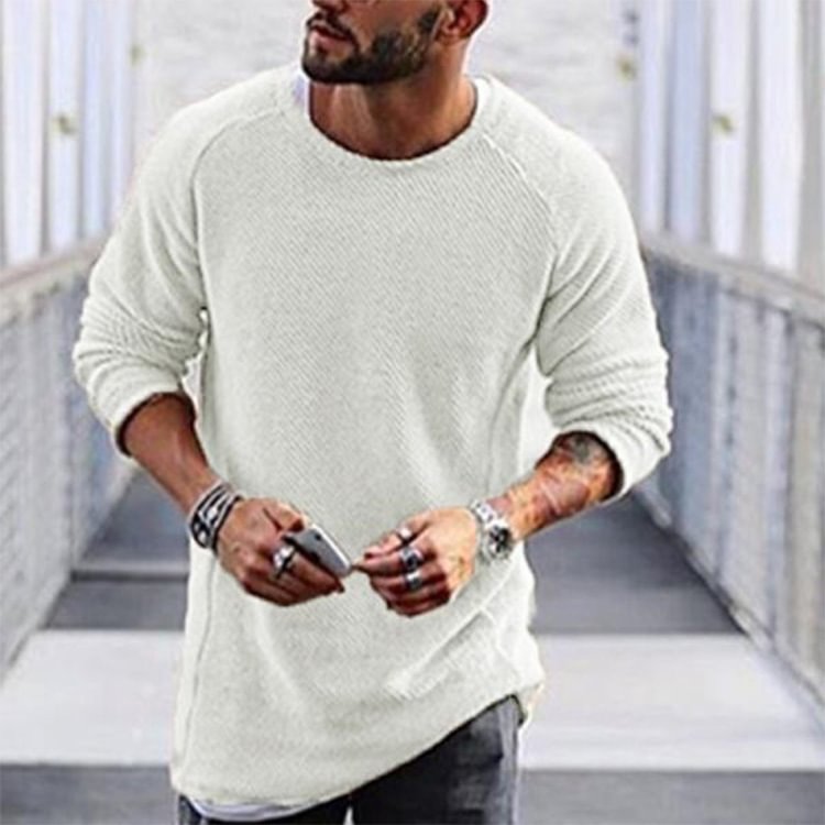 BrosWear Round Neck Solid Color Long Sleeve Sweater White