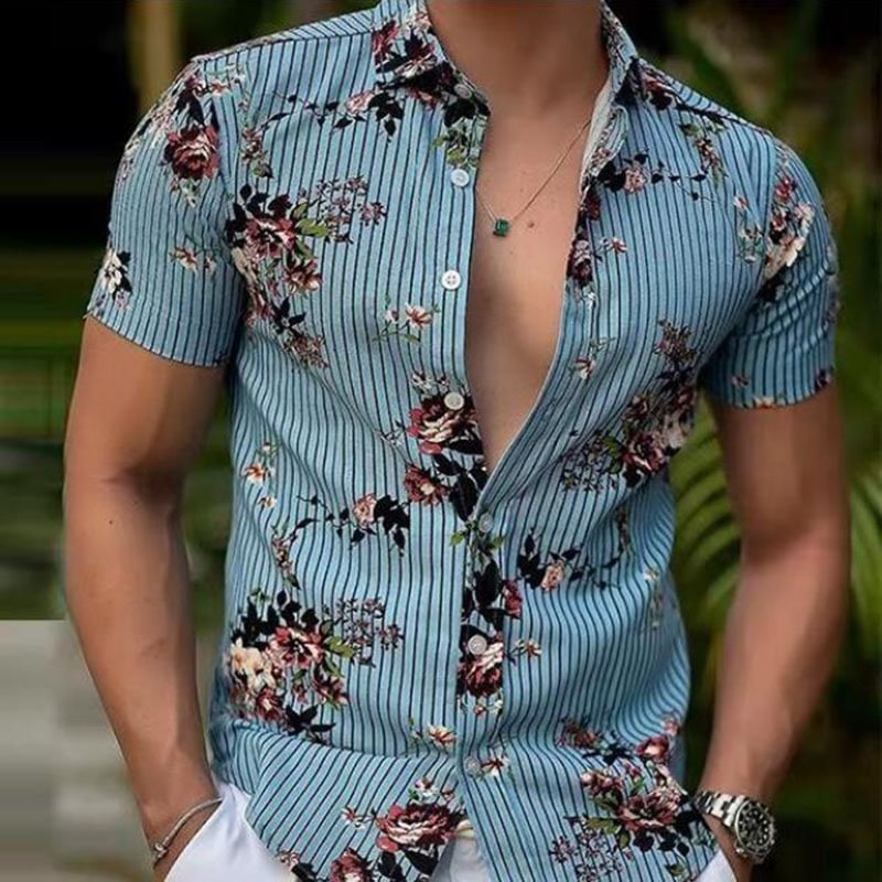 Black Stripe Flower Print Short-Sleeved Hawaiian Men's Shirts in Blue-VESSFUL