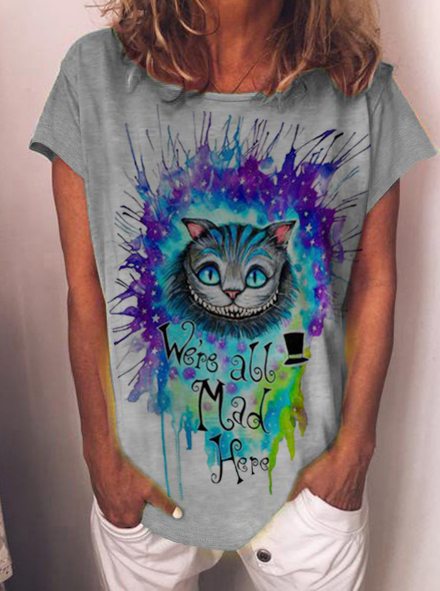 Punk Style Tie-Dye Cat Print Round Neck Top