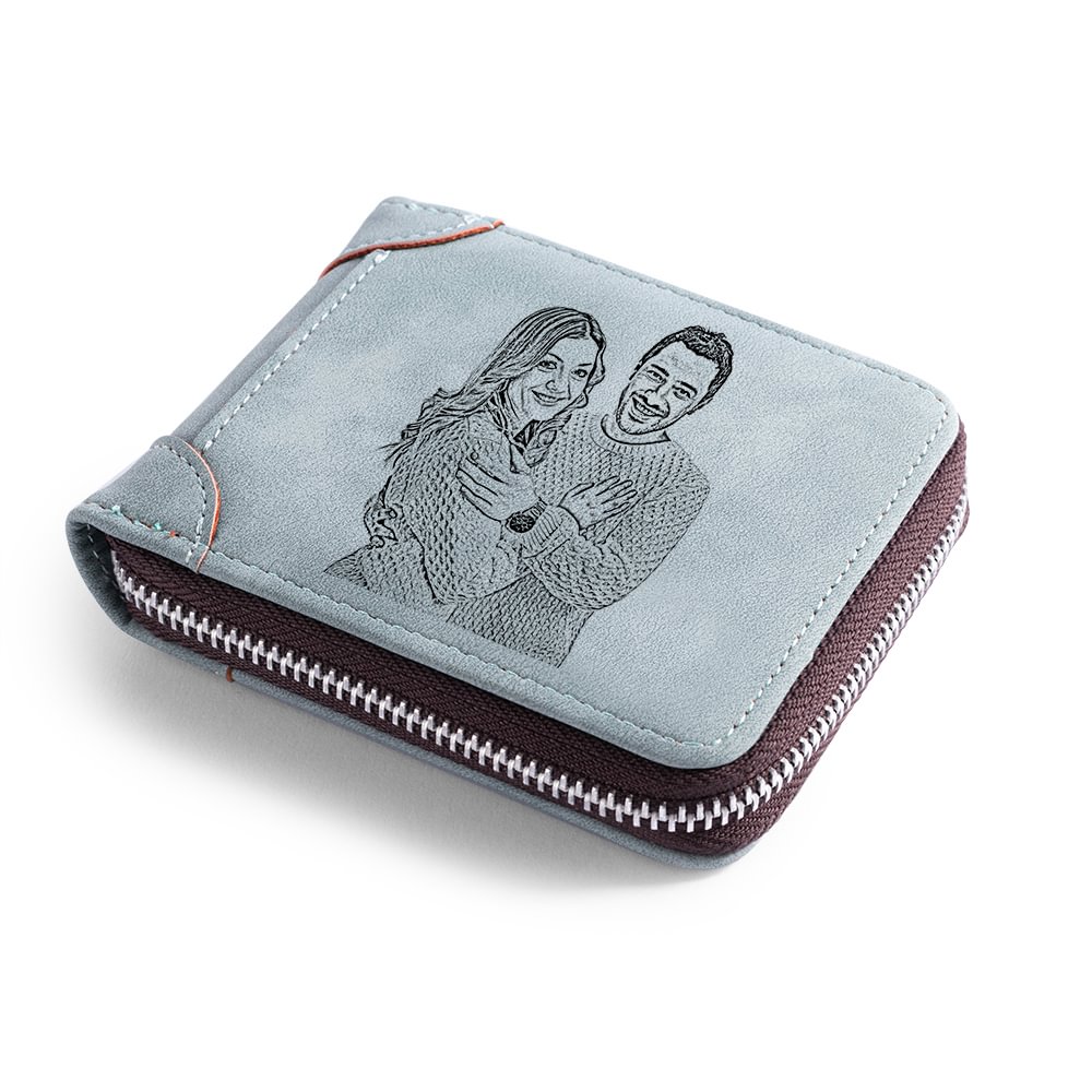 Custom Photo Engraved Wallet With Zipper, Short Style - Blue Leather