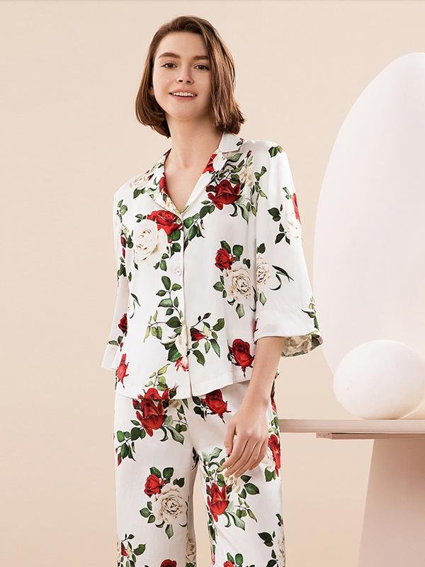 22 Momme High Quality Silk Pajamas Set With Rose Printed-Real Silk Life