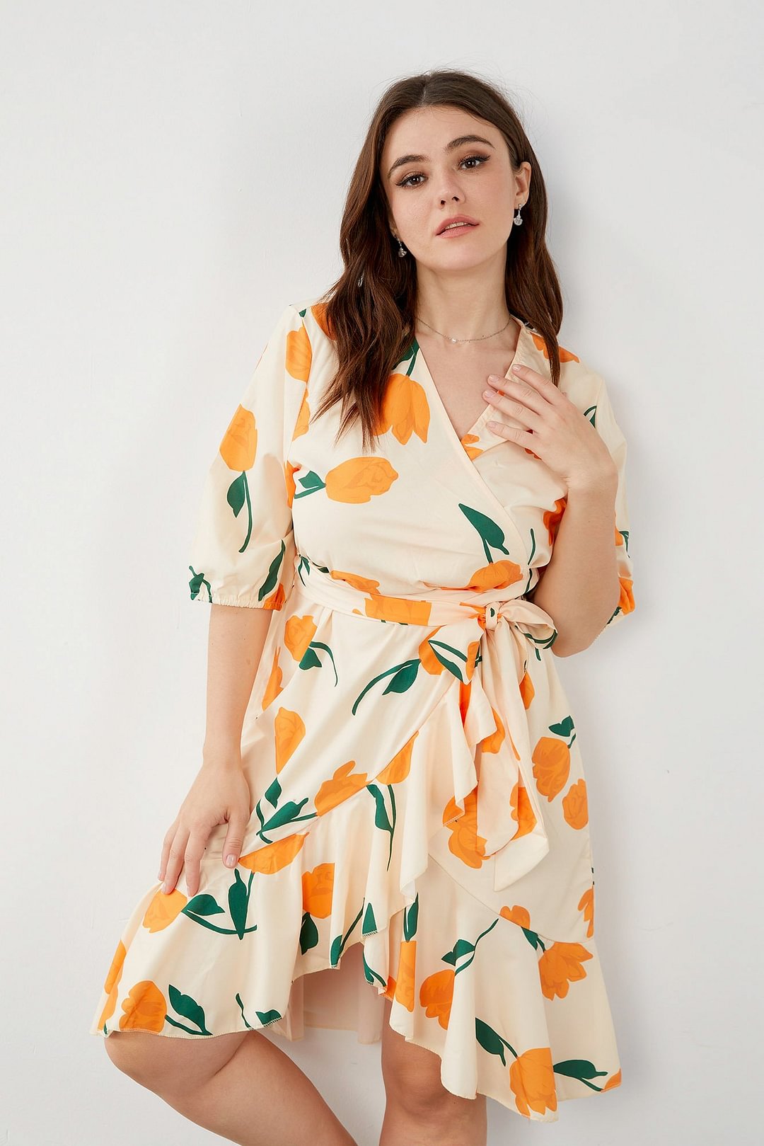 Orange Tulip-print Wrap Dress P13835