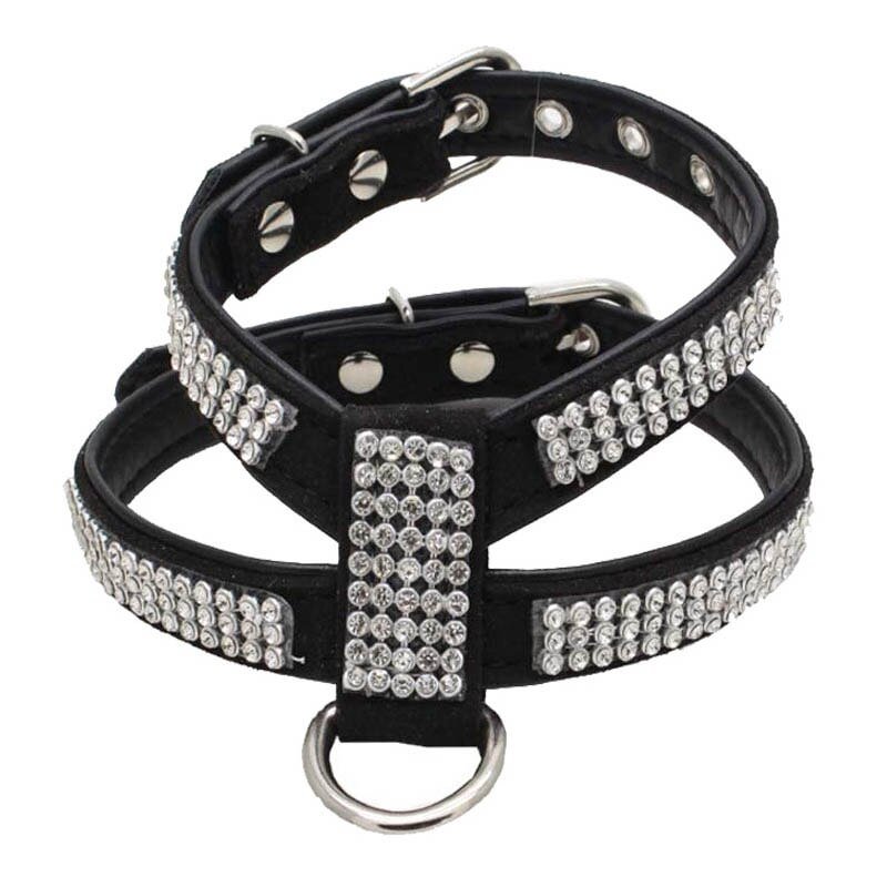 Bling Rhinestone PU Leather Dog Collar Adjustable Pet Chain Harness&Leash Quick Release-VESSFUL
