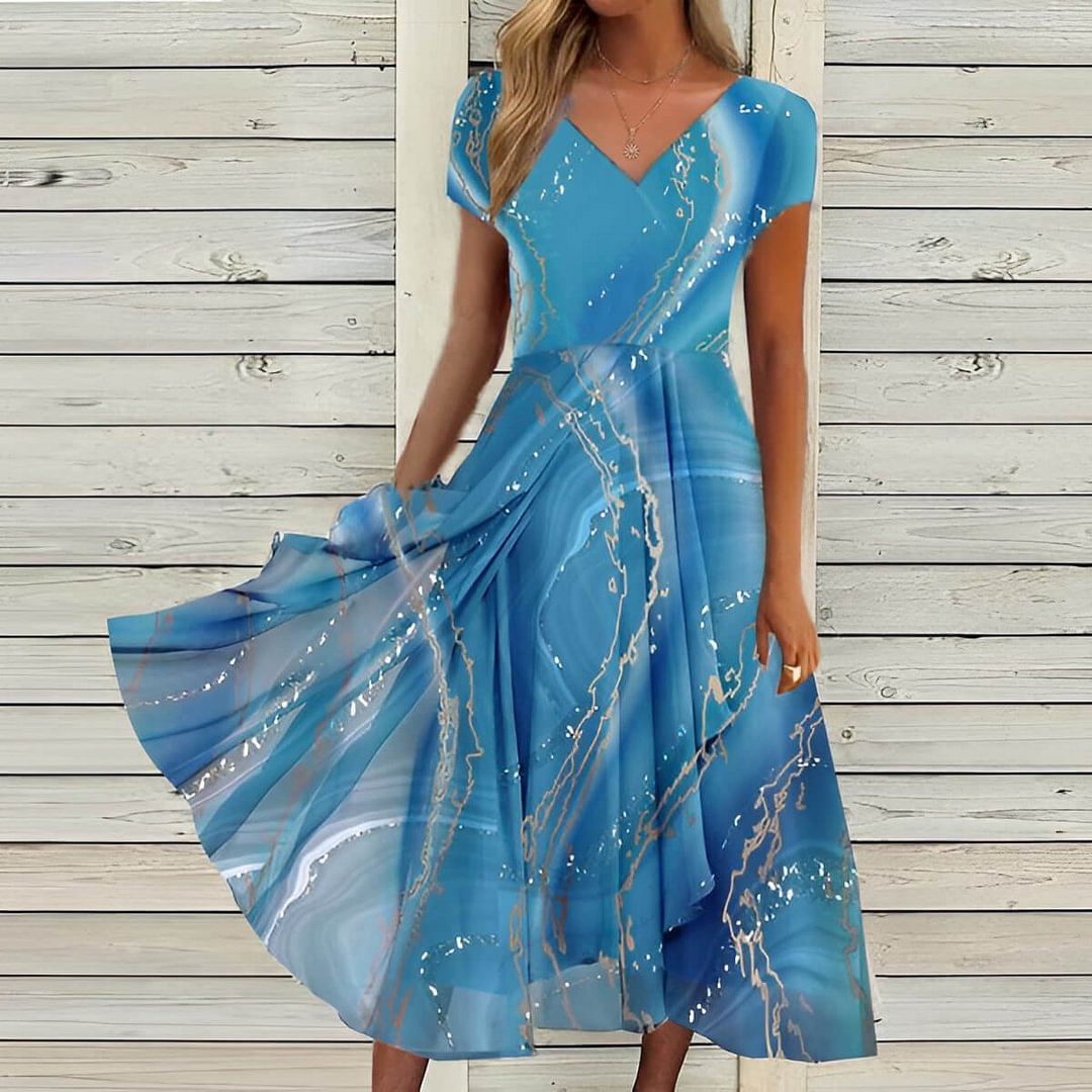 Multicolor Chiffon Short Sleeve Print Midi Dress