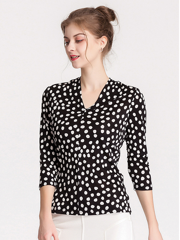 Silk Blouse Cropped Sleeve Polka Dot Shirt