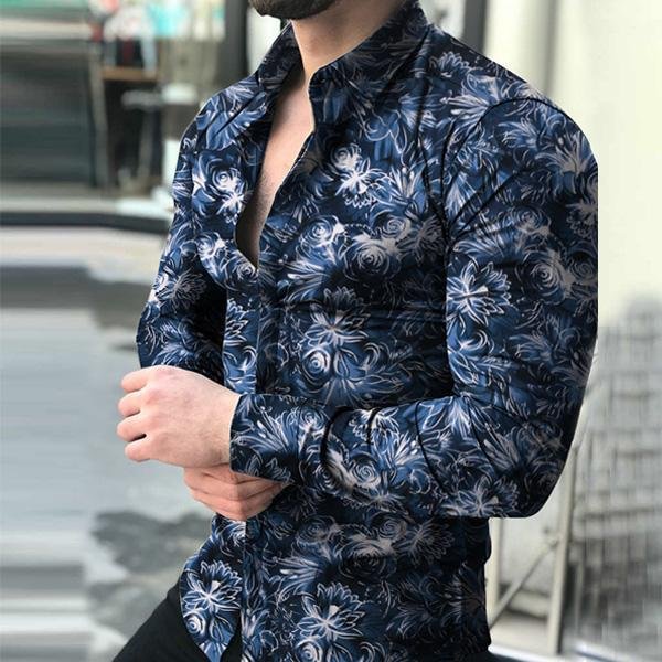 Men Casual Fashion Printed Long Sleeve Turndown Collar Shirts-Corachic