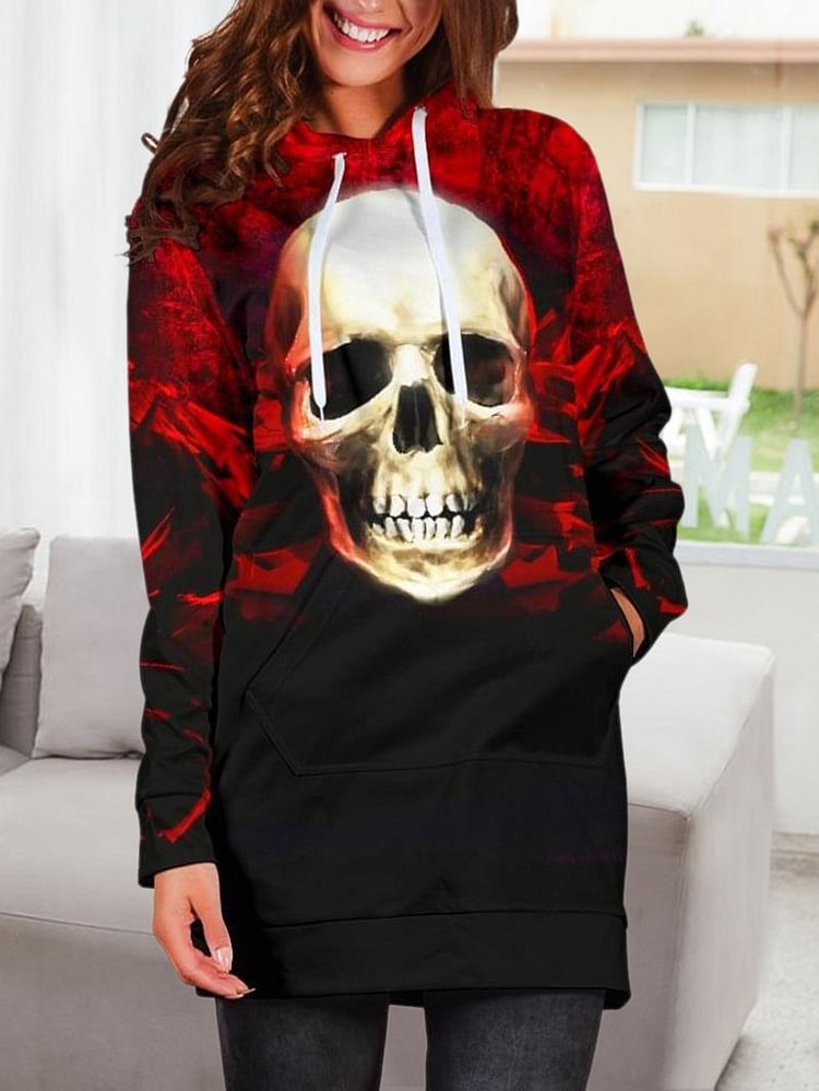 Halloween Skull Gradient Hooded Long Sleeve Sweatshirt