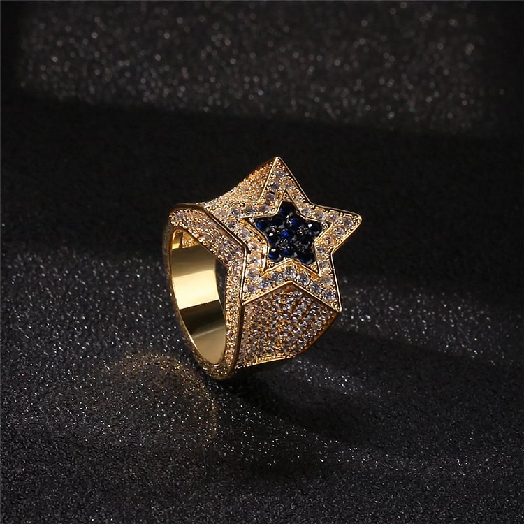Iced Out Hip Hop Blue Zircon Star Ring Men Jewelry