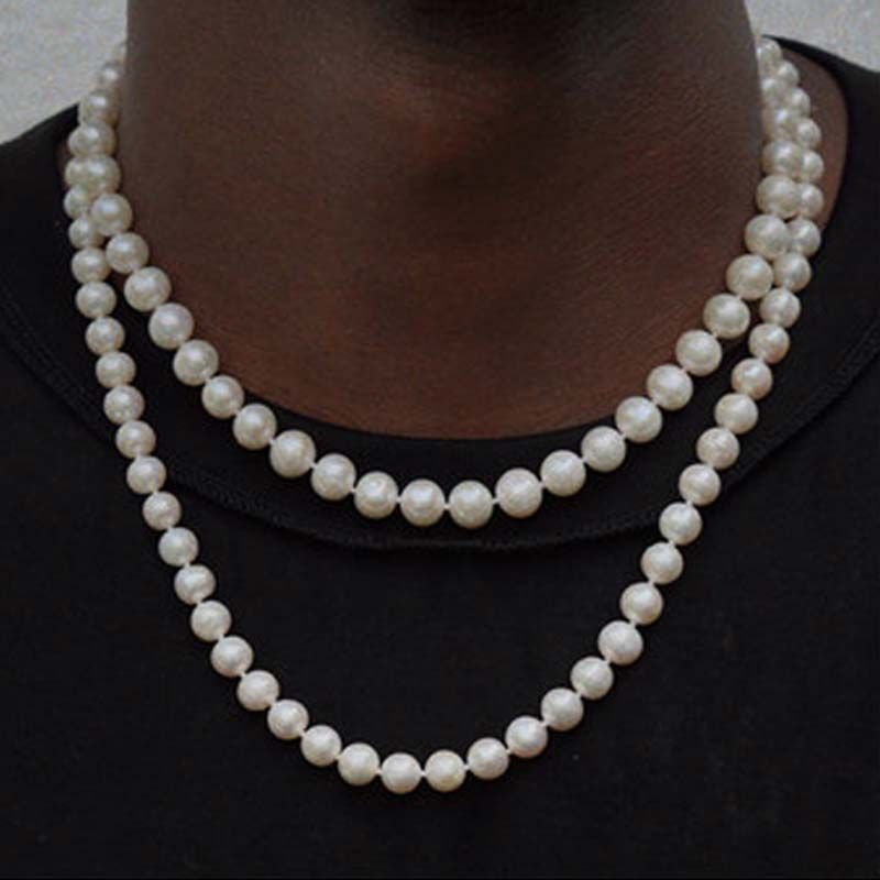8mm 10mm Pearl Necklace Men Hip Hop Jewelry Gift-VESSFUL