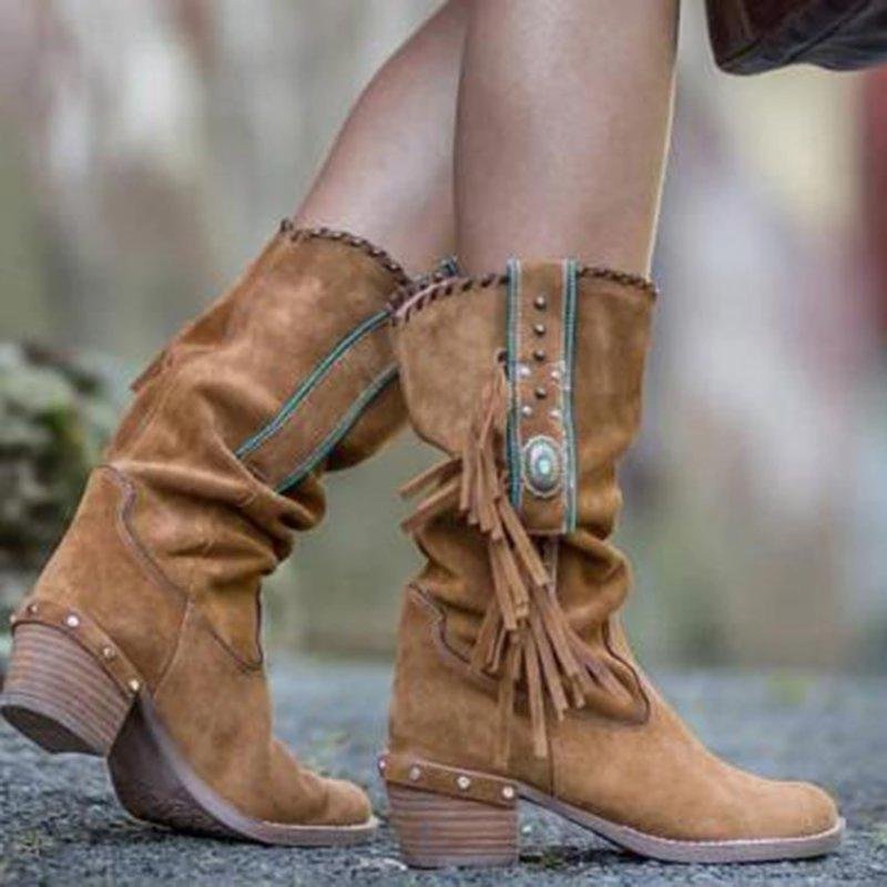 Women Fringed Suede Mid-calf Boots-Corachic