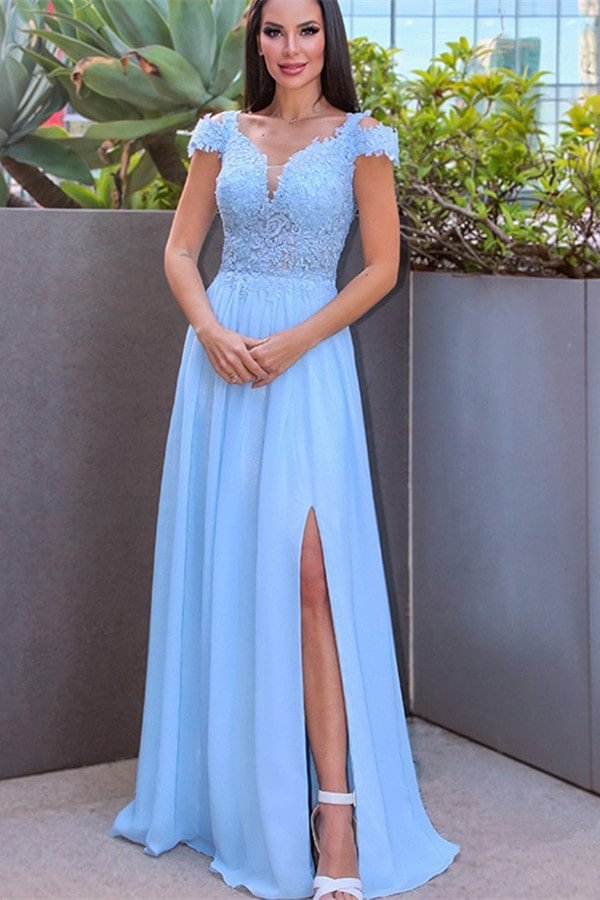 Luluslly Cap Sleeves Sky Blue Long Prom Dress Appliques With Slit