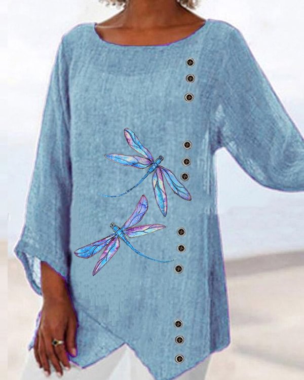 Casual printed long-sleeved dragonfly T-shirt