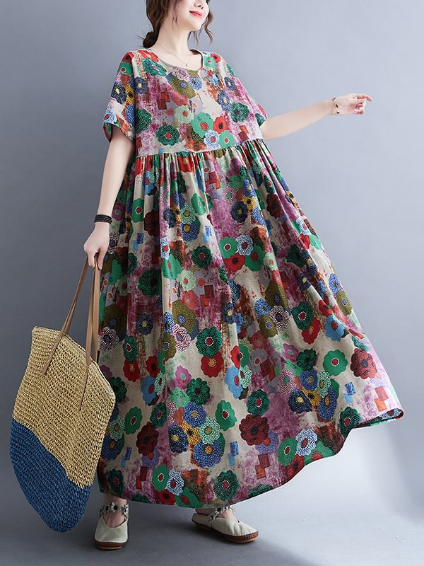 Vintage Loose Multi-Colored Floral Printed Midi Dress