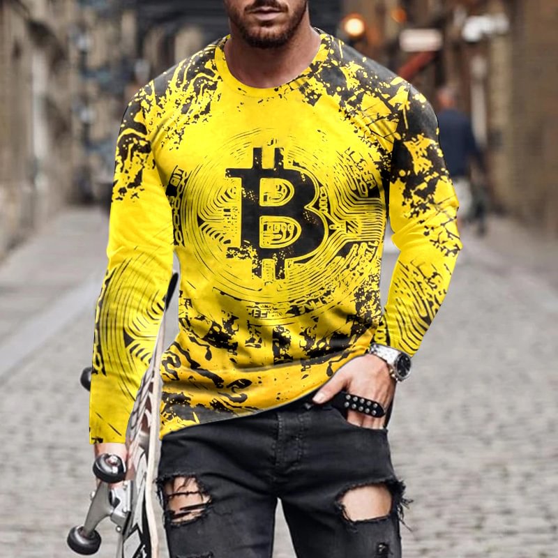 Bitcoin Pattern Streetwear Long Sleeve Casual Men's T-shirts-VESSFUL