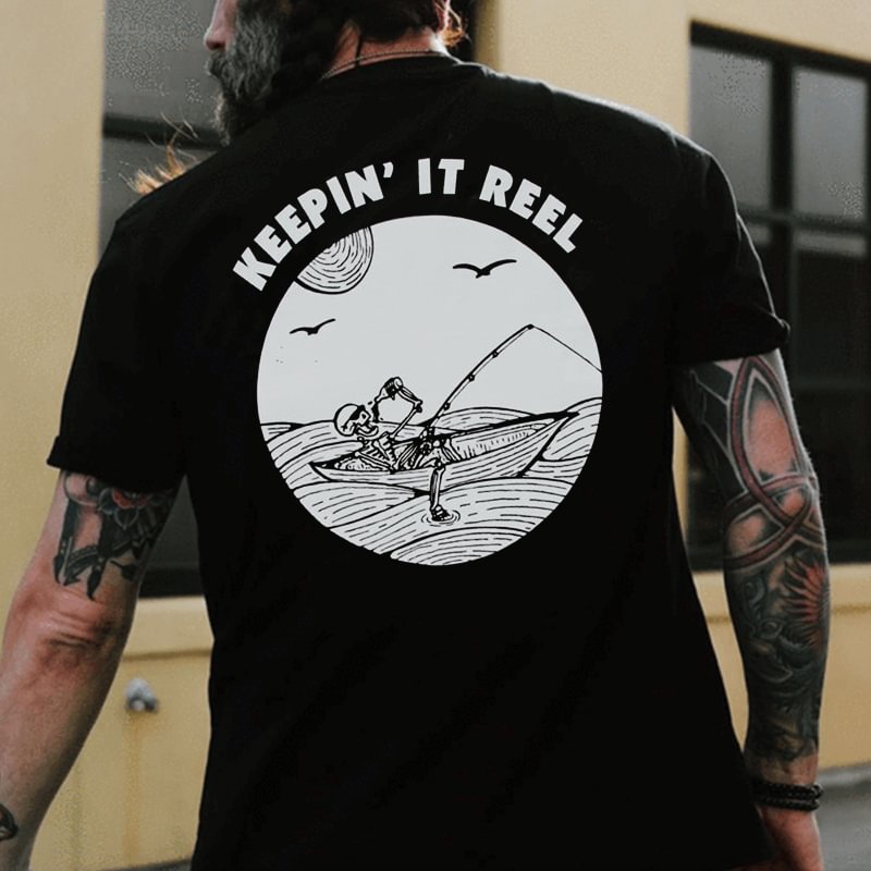 Cloeinc  Keeping It Reel Skeleton Fishing Alone In Boat Printed T-shirt - Cloeinc