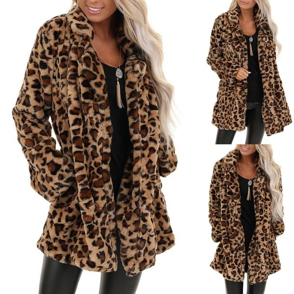 Women's Leopard Warm Coat Long Jackets Faux Fur Pocket Fuzzy Warm Winter Oversized Outwear Long Coat