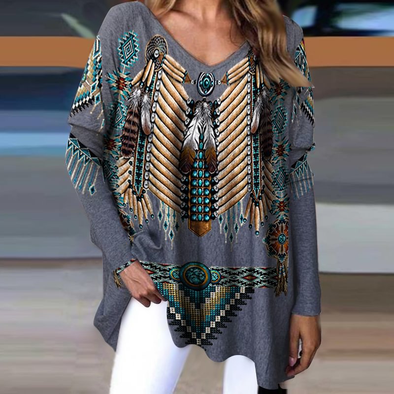 Ethnic Style Print Women V-neck Gray Oversized Blouse
