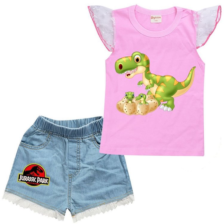 Girls Jurassic Park Dragon Print Cotton Tank Top Lace Denim Shorts Set-Mayoulove