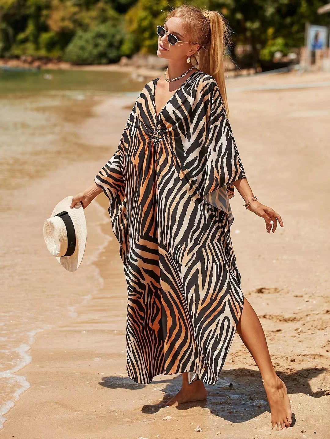Ceceliam Brown Zebra Print Bat V-Neck On-trend Side Slit Beachwear