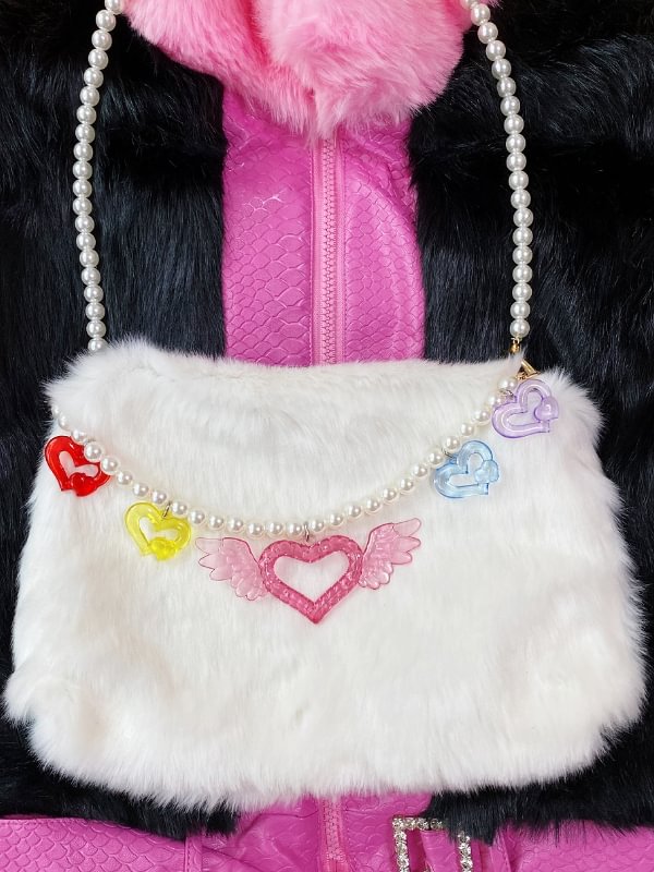 Y2K Acrylic Heart Chain Decorated Short Pearl Strap White Fluffy Handbag