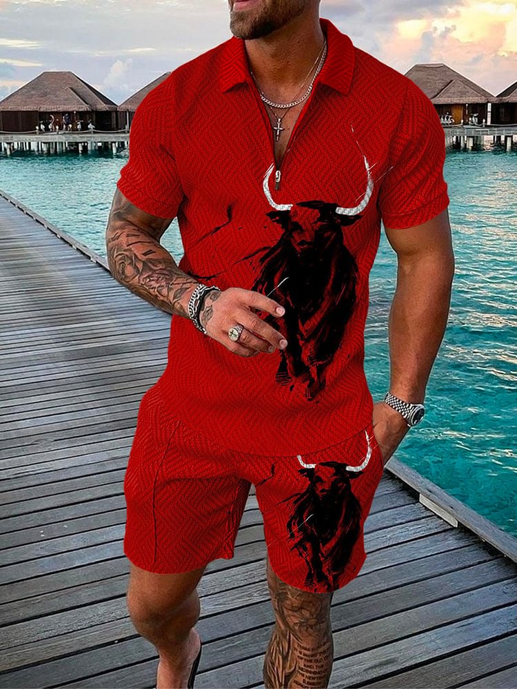 Men's Holiday Red Animal Print Polo Suit