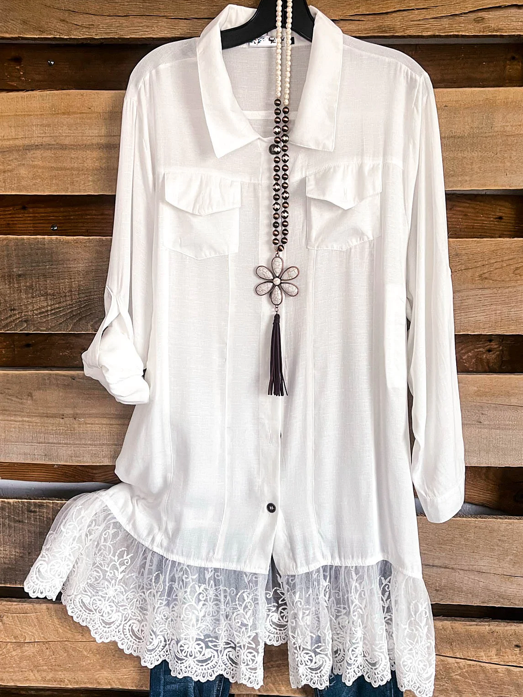 Casual Long Sleeve Loose Solid Color Lace Blouse